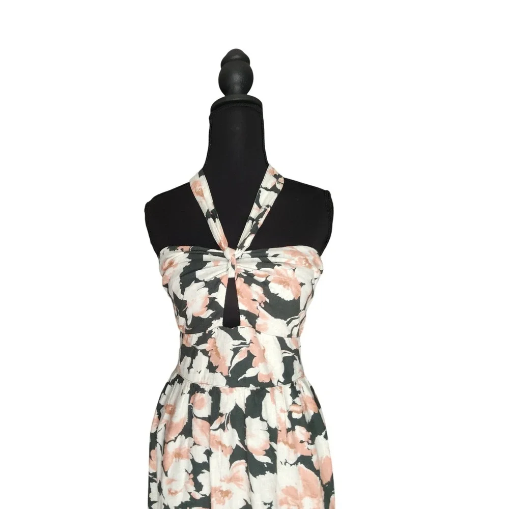 ABERCROMBIE & FITCH Floral Linen Blend Halter Maxi Dress Green Small Tall $130